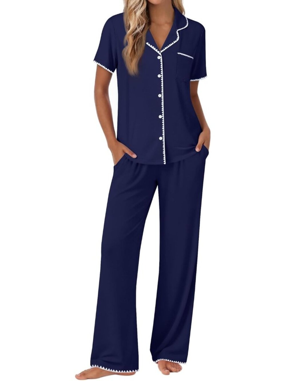 Women Navy Blue Short Sleeve Sleepwear Button Up Shirt Pajamas Set 2 Piece
